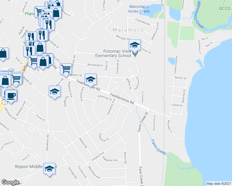 map of restaurants, bars, coffee shops, grocery stores, and more near 1440 Featherstone Road in Woodbridge