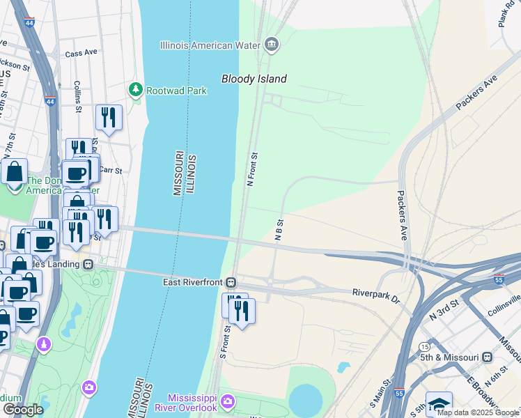 map of restaurants, bars, coffee shops, grocery stores, and more near 750 West Missouri Avenue in East St. Louis