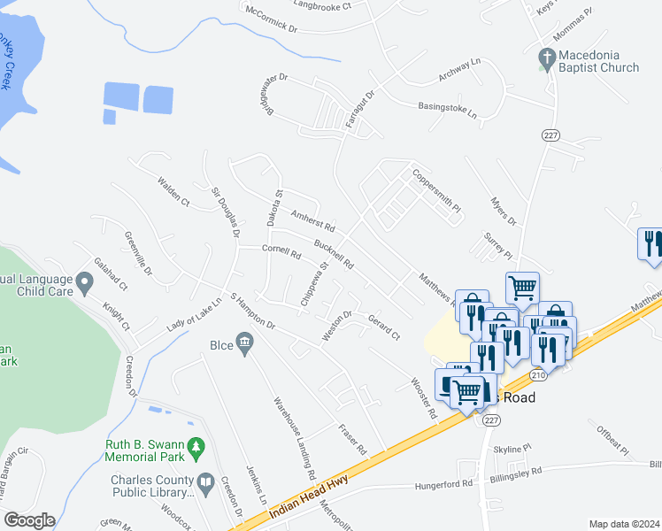 map of restaurants, bars, coffee shops, grocery stores, and more near 2872 Chippewa Street in Bryans Road