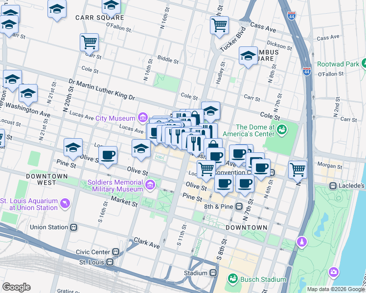 map of restaurants, bars, coffee shops, grocery stores, and more near in St. Louis