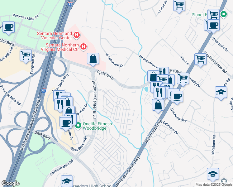 map of restaurants, bars, coffee shops, grocery stores, and more near 14529 Crossfield Way in Woodbridge