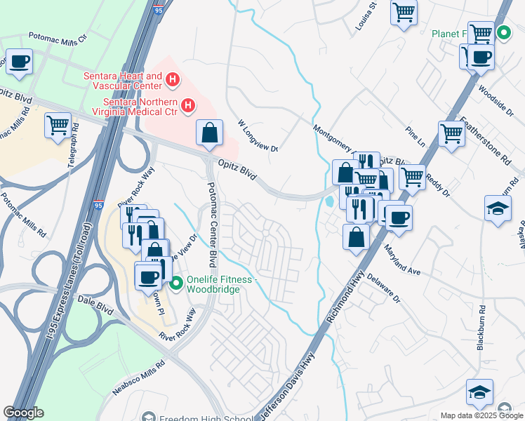 map of restaurants, bars, coffee shops, grocery stores, and more near 14529 Crossfield Way in Woodbridge