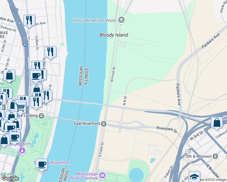 map of restaurants, bars, coffee shops, grocery stores, and more near 750 West Missouri Avenue in East St. Louis