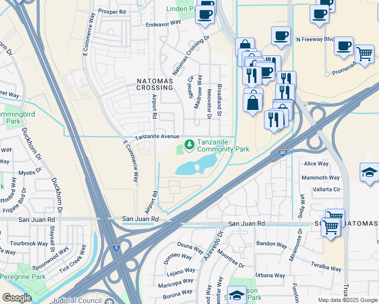 map of restaurants, bars, coffee shops, grocery stores, and more near 2220 Tanzanite Avenue in Sacramento
