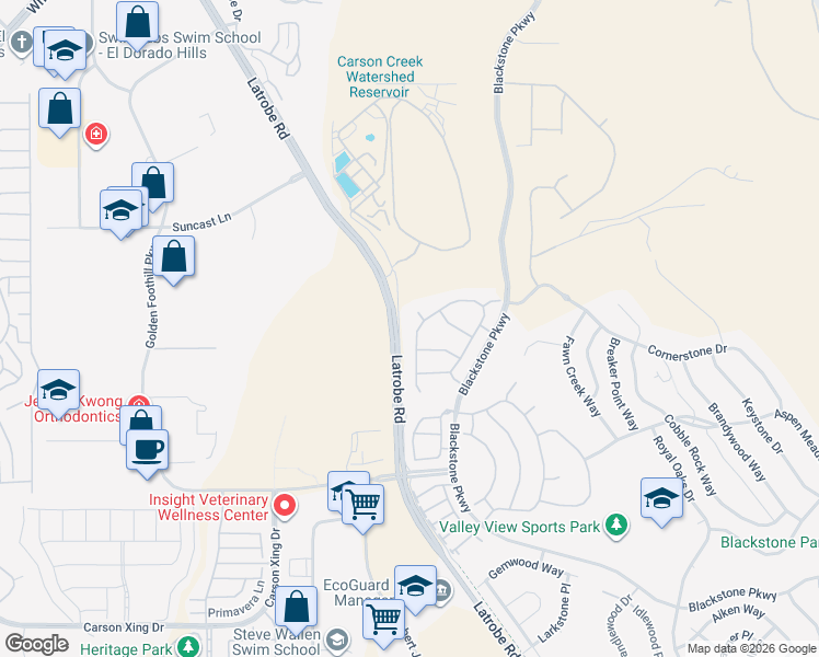 map of restaurants, bars, coffee shops, grocery stores, and more near 3573 Rose Crest Circle in El Dorado Hills