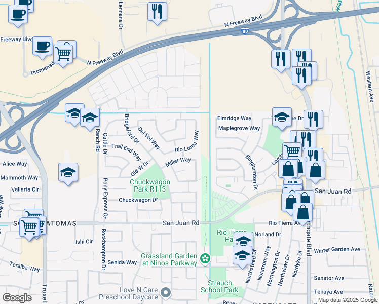 map of restaurants, bars, coffee shops, grocery stores, and more near 3600 Rio Loma Way in Sacramento