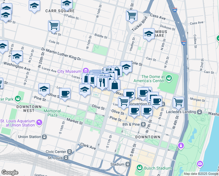 map of restaurants, bars, coffee shops, grocery stores, and more near 1215 Washington Avenue in St. Louis
