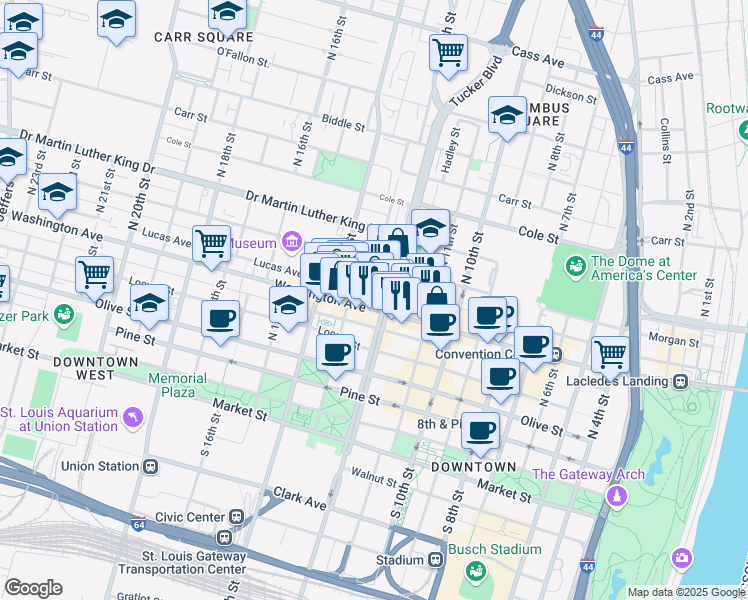 map of restaurants, bars, coffee shops, grocery stores, and more near in St. Louis