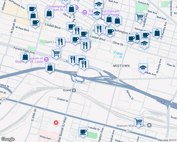 map of restaurants, bars, coffee shops, grocery stores, and more near 300R South Grand Boulevard in St. Louis