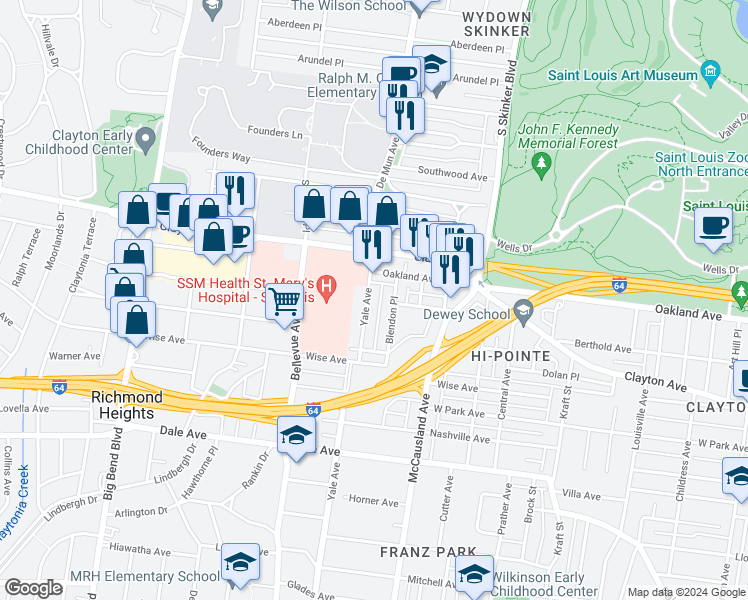 map of restaurants, bars, coffee shops, grocery stores, and more near 1016 Yale Avenue in Richmond Heights
