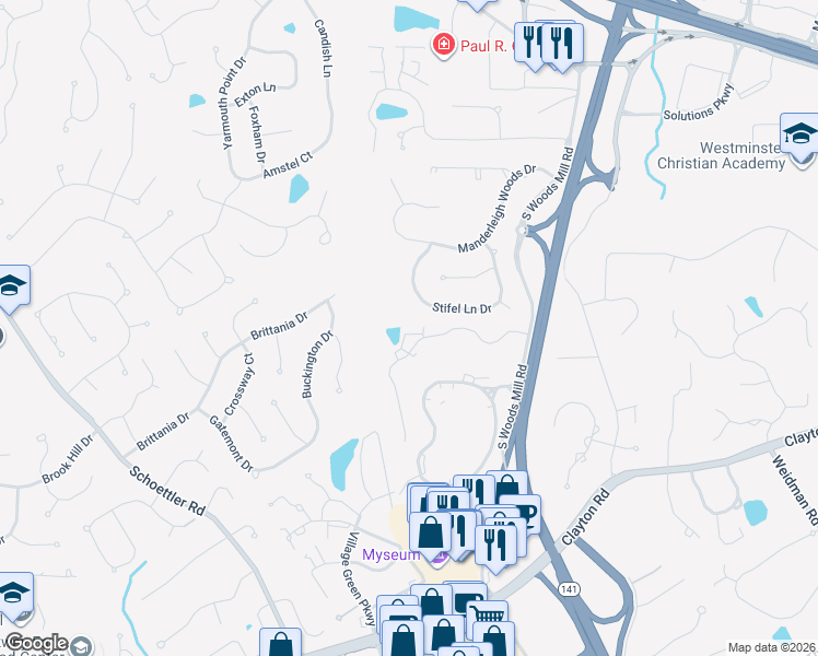 map of restaurants, bars, coffee shops, grocery stores, and more near 14315 Willow Bend Park in Town and Country
