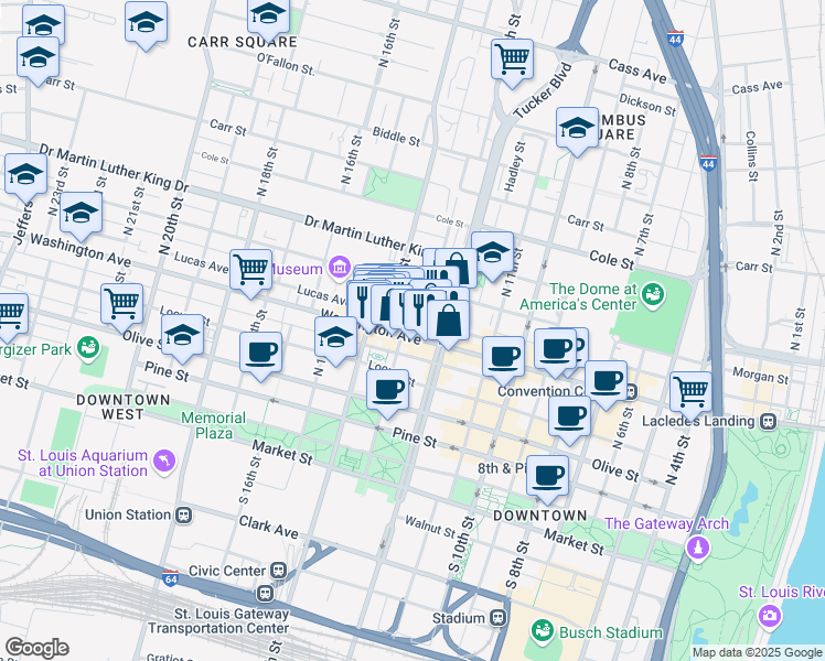 map of restaurants, bars, coffee shops, grocery stores, and more near 1227 Washington Avenue in St. Louis