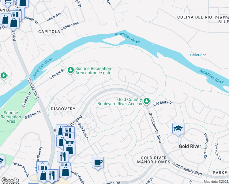map of restaurants, bars, coffee shops, grocery stores, and more near 11376 Gold Country Boulevard in Gold River