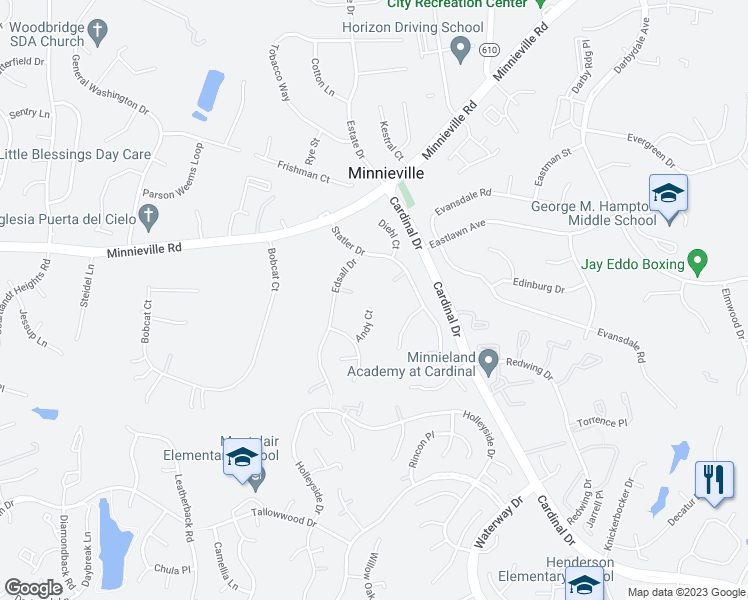 map of restaurants, bars, coffee shops, grocery stores, and more near 4480 Andy Court in Woodbridge