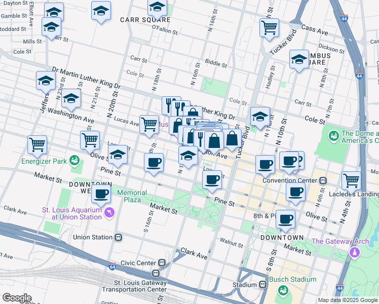 map of restaurants, bars, coffee shops, grocery stores, and more near 1430 Washington Avenue in St. Louis