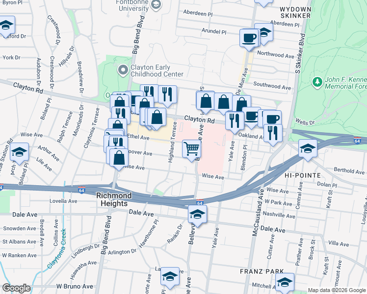 map of restaurants, bars, coffee shops, grocery stores, and more near 7328 Ethel Avenue in St. Louis