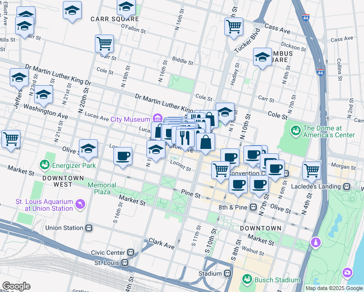 map of restaurants, bars, coffee shops, grocery stores, and more near 1307 Washington Avenue in St. Louis