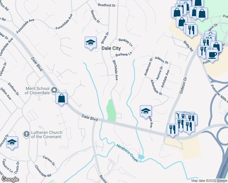 map of restaurants, bars, coffee shops, grocery stores, and more near 14700 Bryan Court in Woodbridge