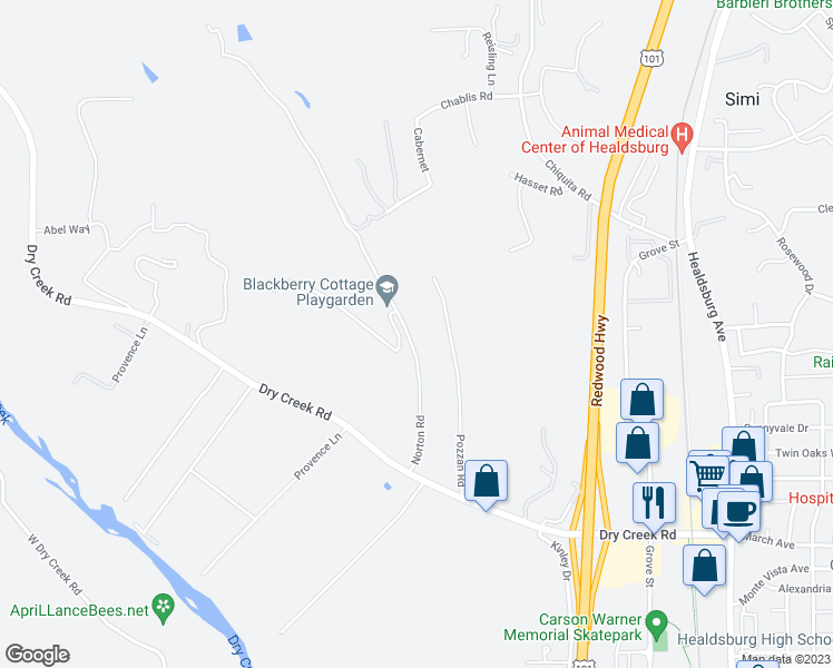 map of restaurants, bars, coffee shops, grocery stores, and more near 15600 Norton Road in Healdsburg