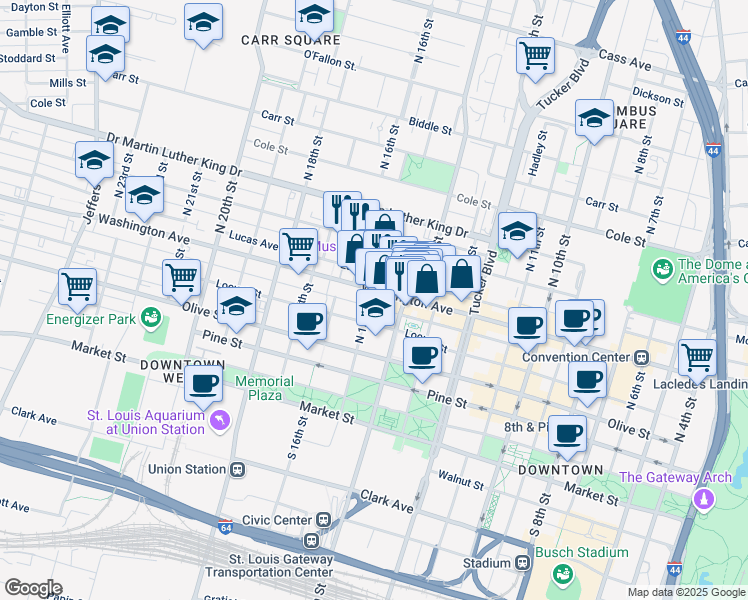 map of restaurants, bars, coffee shops, grocery stores, and more near 1430 Washington Avenue in St. Louis