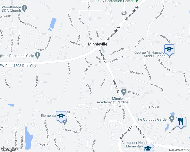 map of restaurants, bars, coffee shops, grocery stores, and more near 4480 Andy Court in Woodbridge