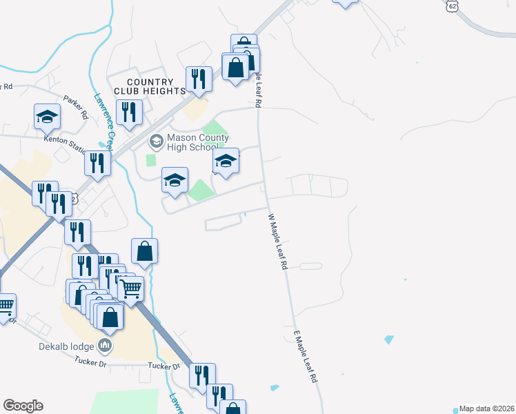 map of restaurants, bars, coffee shops, grocery stores, and more near 230 West Maple Leaf Road in Maysville