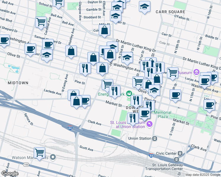 map of restaurants, bars, coffee shops, grocery stores, and more near 2315 Pine Street in St. Louis