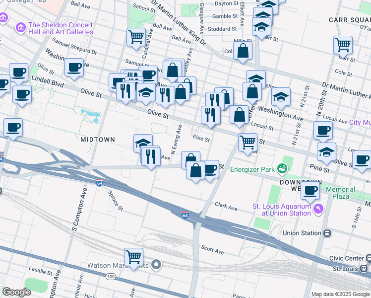 map of restaurants, bars, coffee shops, grocery stores, and more near 1 Jefferson Avenue in St. Louis