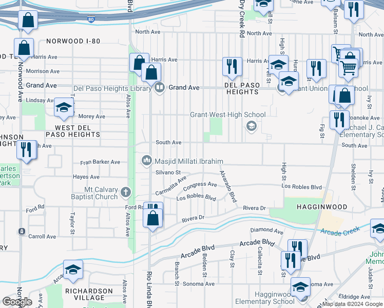 map of restaurants, bars, coffee shops, grocery stores, and more near 3529 May Street in Sacramento