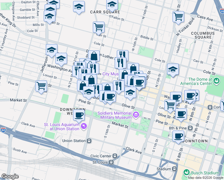 map of restaurants, bars, coffee shops, grocery stores, and more near 1701 Locust Street in St. Louis