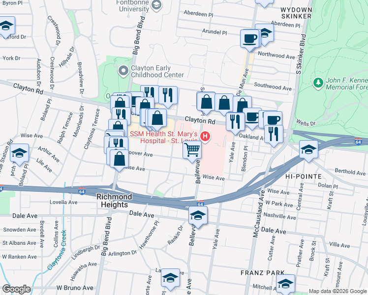 map of restaurants, bars, coffee shops, grocery stores, and more near 7328 Ethel Avenue in St. Louis