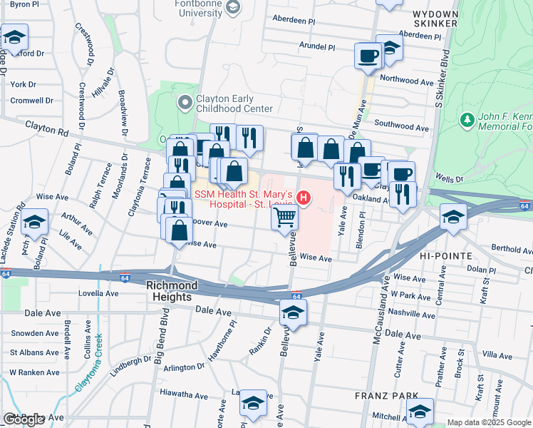 map of restaurants, bars, coffee shops, grocery stores, and more near 7328 Ethel Avenue in St. Louis