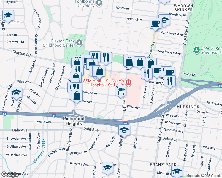 map of restaurants, bars, coffee shops, grocery stores, and more near 7328 Ethel Avenue in St. Louis