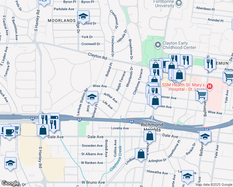 map of restaurants, bars, coffee shops, grocery stores, and more near 1140 Ralph Terrace in Richmond Heights