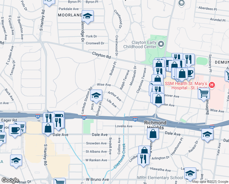 map of restaurants, bars, coffee shops, grocery stores, and more near 7731 Arthur Avenue in Richmond Heights