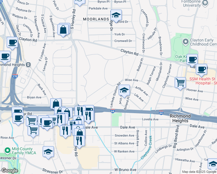 map of restaurants, bars, coffee shops, grocery stores, and more near 8000 South Drive in Richmond Heights