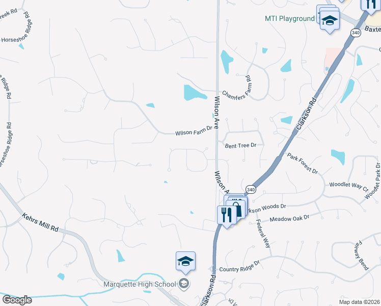map of restaurants, bars, coffee shops, grocery stores, and more near 16315 Champion Drive in Chesterfield