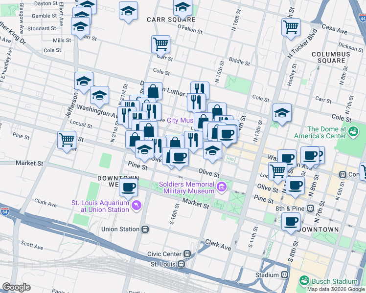 map of restaurants, bars, coffee shops, grocery stores, and more near 1701 Locust Street in St. Louis