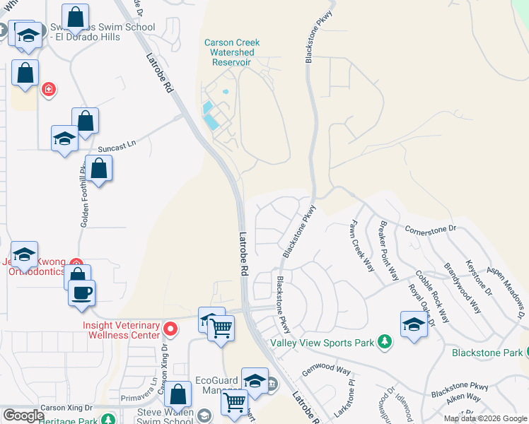 map of restaurants, bars, coffee shops, grocery stores, and more near 3573 Rose Crest Circle in El Dorado Hills