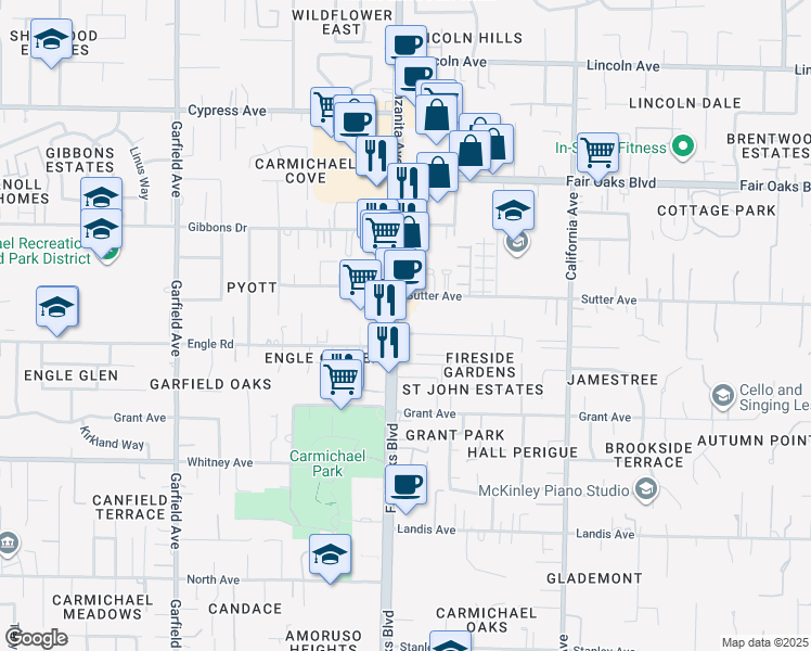 map of restaurants, bars, coffee shops, grocery stores, and more near 7220 Fair Oaks Boulevard in Carmichael