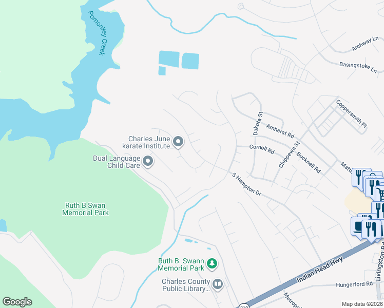 map of restaurants, bars, coffee shops, grocery stores, and more near 2345 South Hampton Drive in Bryans Road