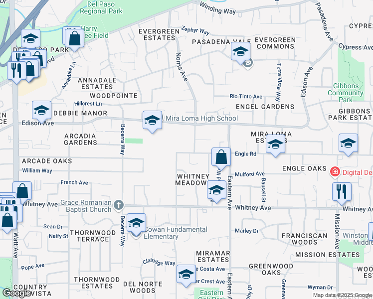 map of restaurants, bars, coffee shops, grocery stores, and more near 3711 Norris Avenue in Sacramento