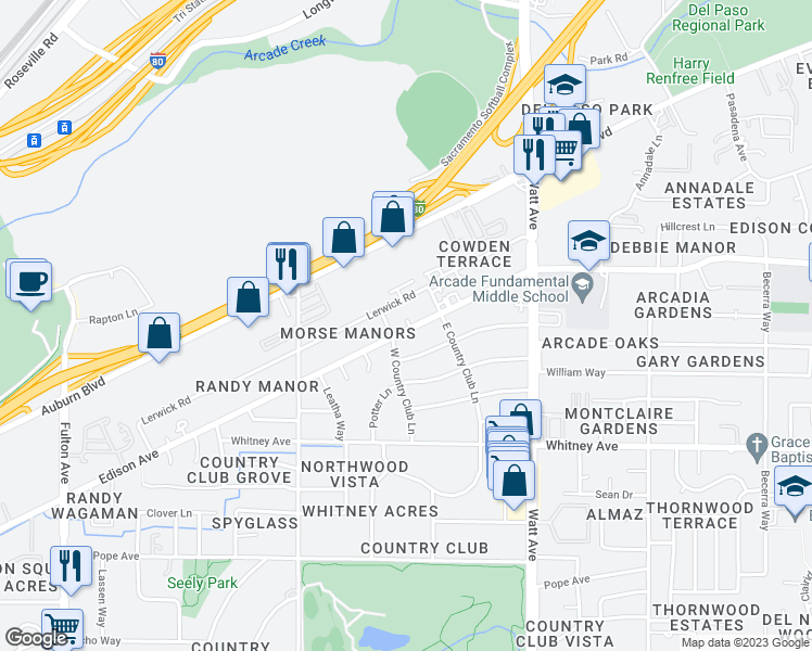 map of restaurants, bars, coffee shops, grocery stores, and more near 3305 Edison Avenue in Sacramento
