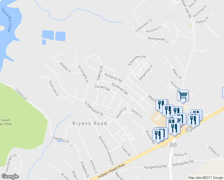 map of restaurants, bars, coffee shops, grocery stores, and more near 6572 Cornell Road in Bryans Road