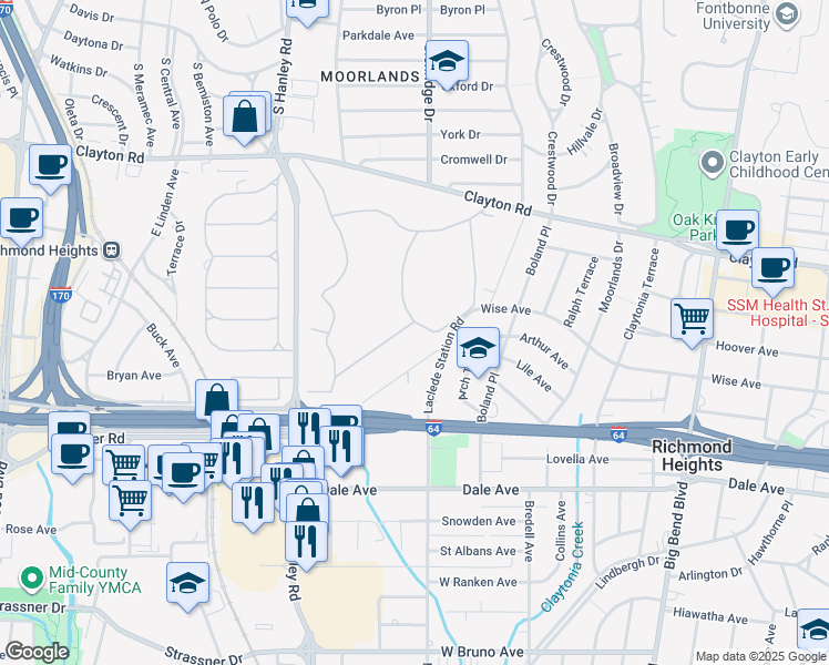 map of restaurants, bars, coffee shops, grocery stores, and more near 8000 South Drive in Richmond Heights