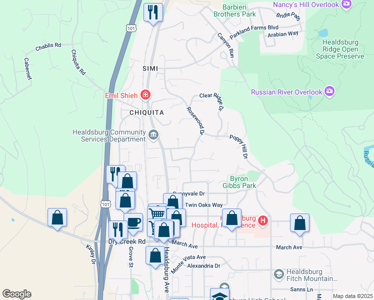 map of restaurants, bars, coffee shops, grocery stores, and more near 132 Paul Wittke Drive in Healdsburg