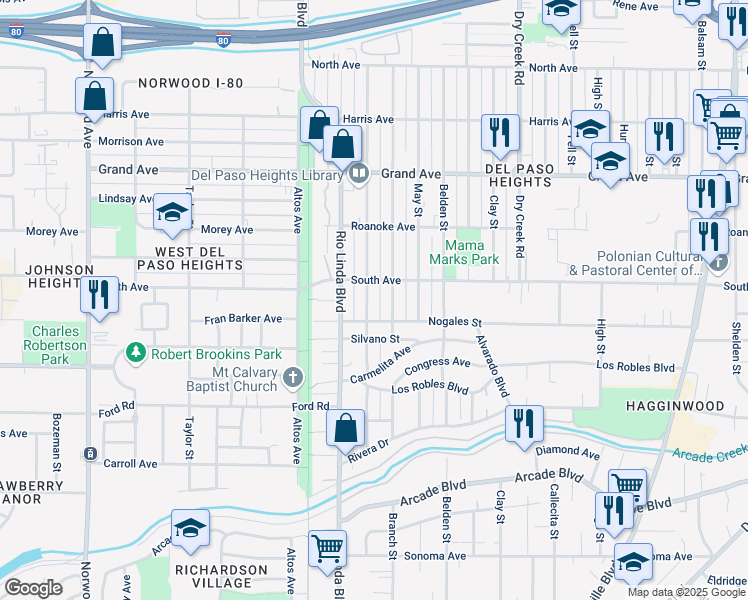 map of restaurants, bars, coffee shops, grocery stores, and more near 3528 Cypress Street in Sacramento