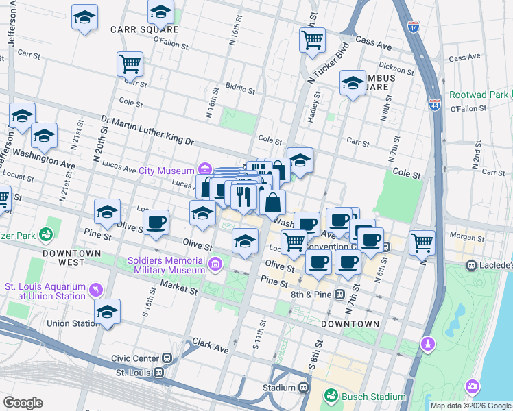 map of restaurants, bars, coffee shops, grocery stores, and more near 1228 Lucas Avenue in St. Louis
