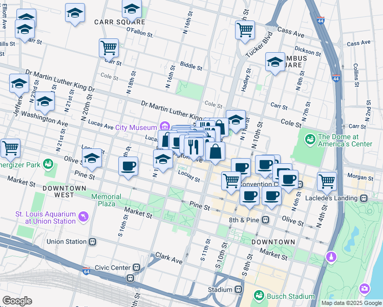 map of restaurants, bars, coffee shops, grocery stores, and more near 1228 Lucas Avenue in St. Louis
