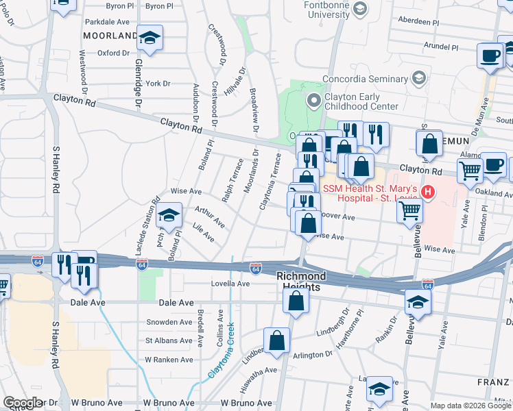 map of restaurants, bars, coffee shops, grocery stores, and more near 1151 Claytonia Terrace in Richmond Heights